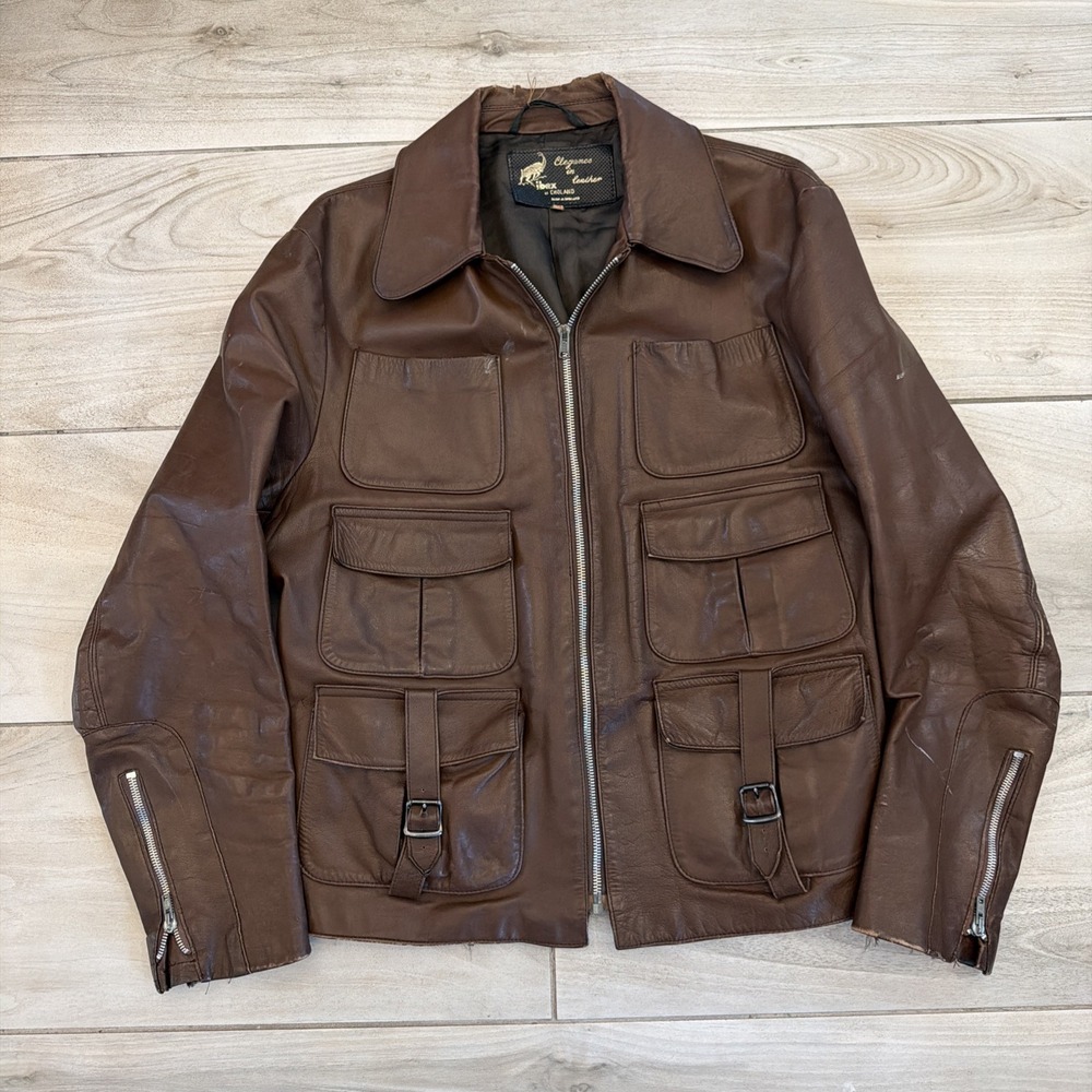Vintage Ibex of England Leather 6 Pocket Jacket Brown Bomber Jacket 42